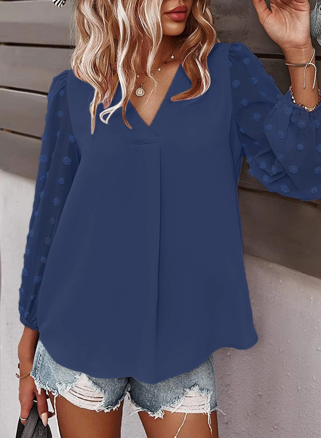Samefar Women's Long Sleeve Pom Pom Top V Neck Pleated Shirts Casual Loose Chiffon Blouse