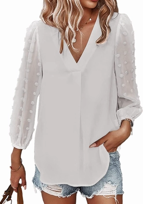 Samefar Women's Long Sleeve Pom Pom Top V Neck Pleated Shirts Casual Loose Chiffon Blouse