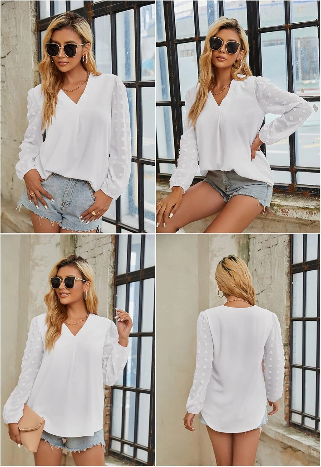 Samefar Women's Long Sleeve Pom Pom Top V Neck Pleated Shirts Casual Loose Chiffon Blouse