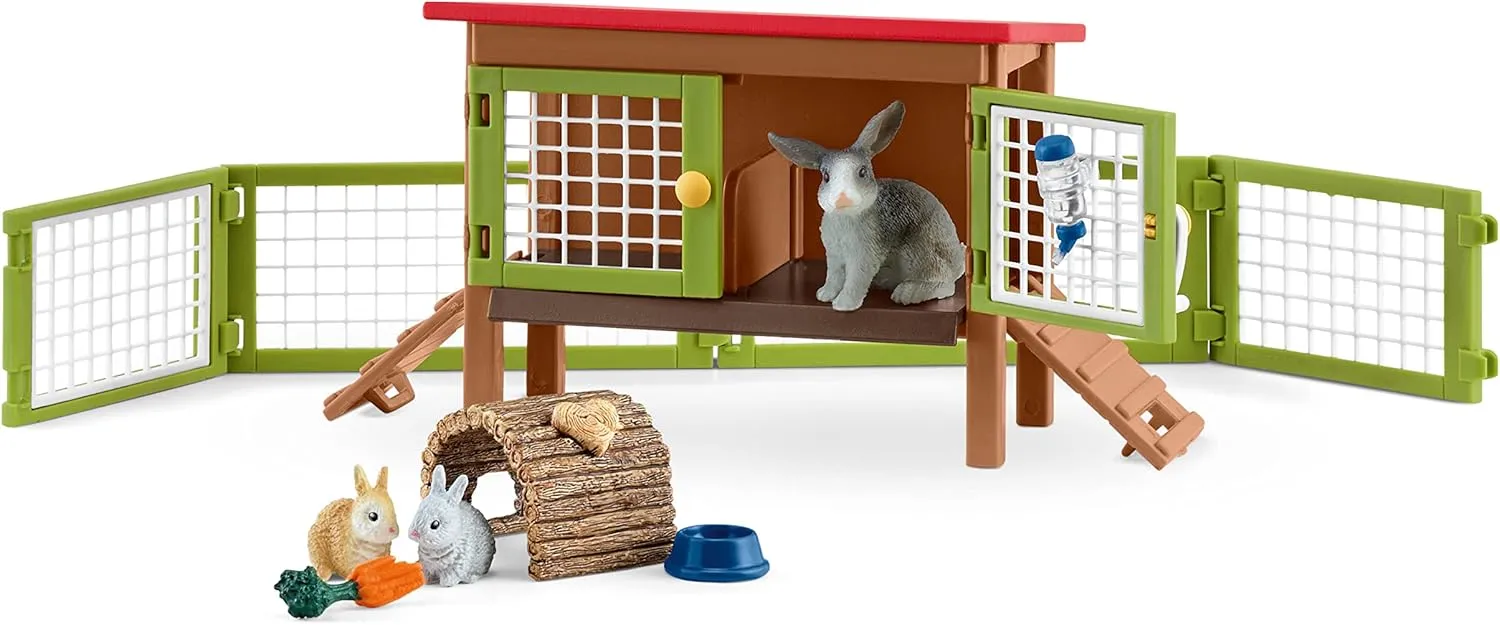 Schleich Farm World - 9PC Rabbit Hutch Playset with Cute Bunny Figurines and Accessories - Realistic Farm Animal Play Set Figures for Imaginative Play - Educational Toys for Children, Toddlers Ages 3 