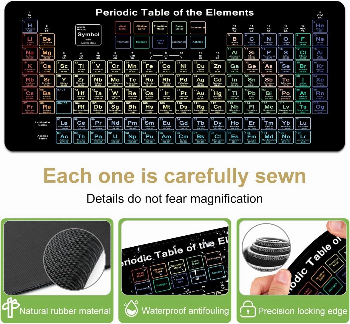 Science Periodic Table of The Chemical Elements Chart Gaming Keyboard Mouse Pad Mousepad Desk Mat Huge Extended XL Stitched Edge Rubber Sole for Home Office,31.4"X 11.8" (TS1077)
