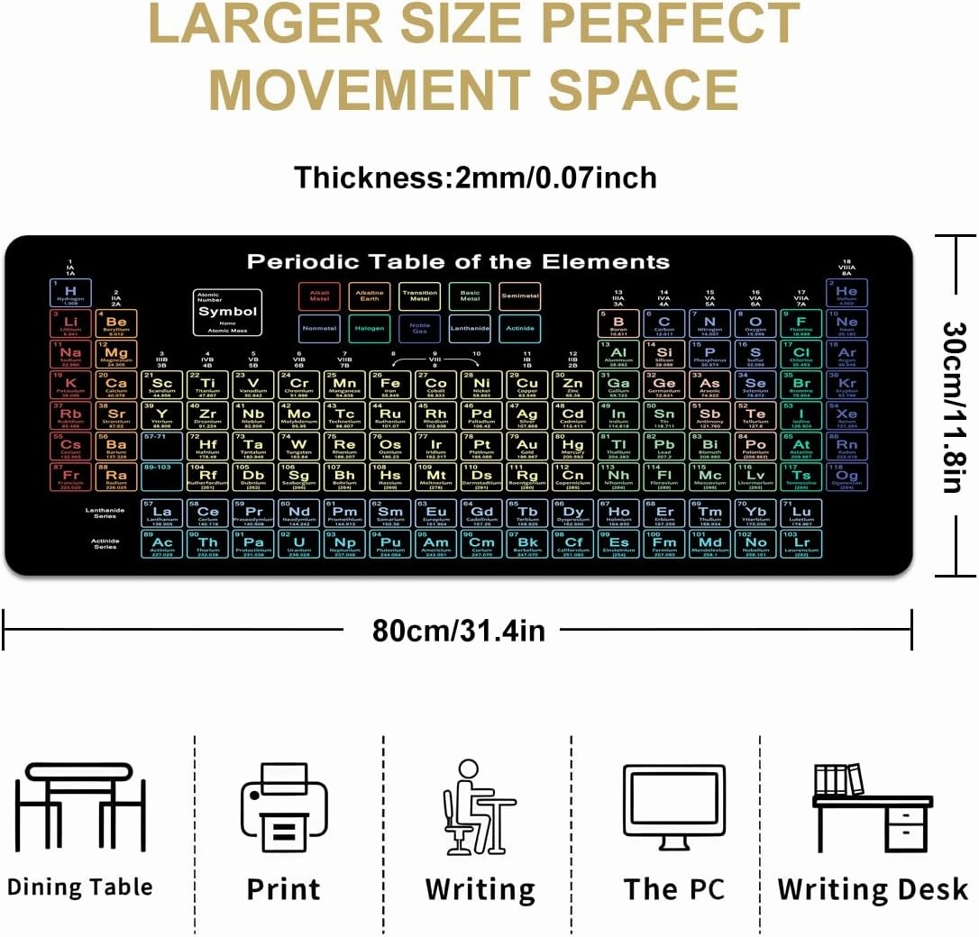 Science Periodic Table of The Chemical Elements Chart Gaming Keyboard Mouse Pad Mousepad Desk Mat Huge Extended XL Stitched Edge Rubber Sole for Home Office,31.4"X 11.8" (TS1077)