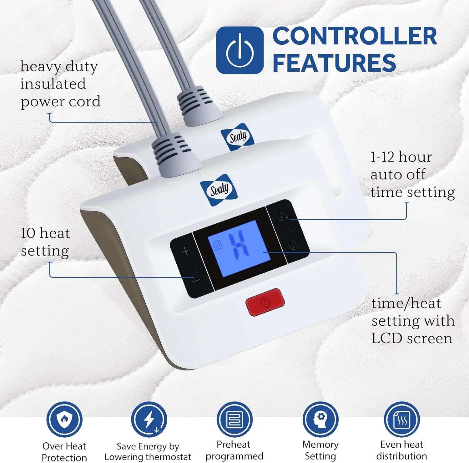 Sealy Heated Mattress Pad King Size, Luxury Quilted Electric Bed Warmer with Dual Controller 10 Heat Settings & Auto Off 1-12 Hours | Fit Up to 17" Deep Pocket | ETL Certified | Machine Washable