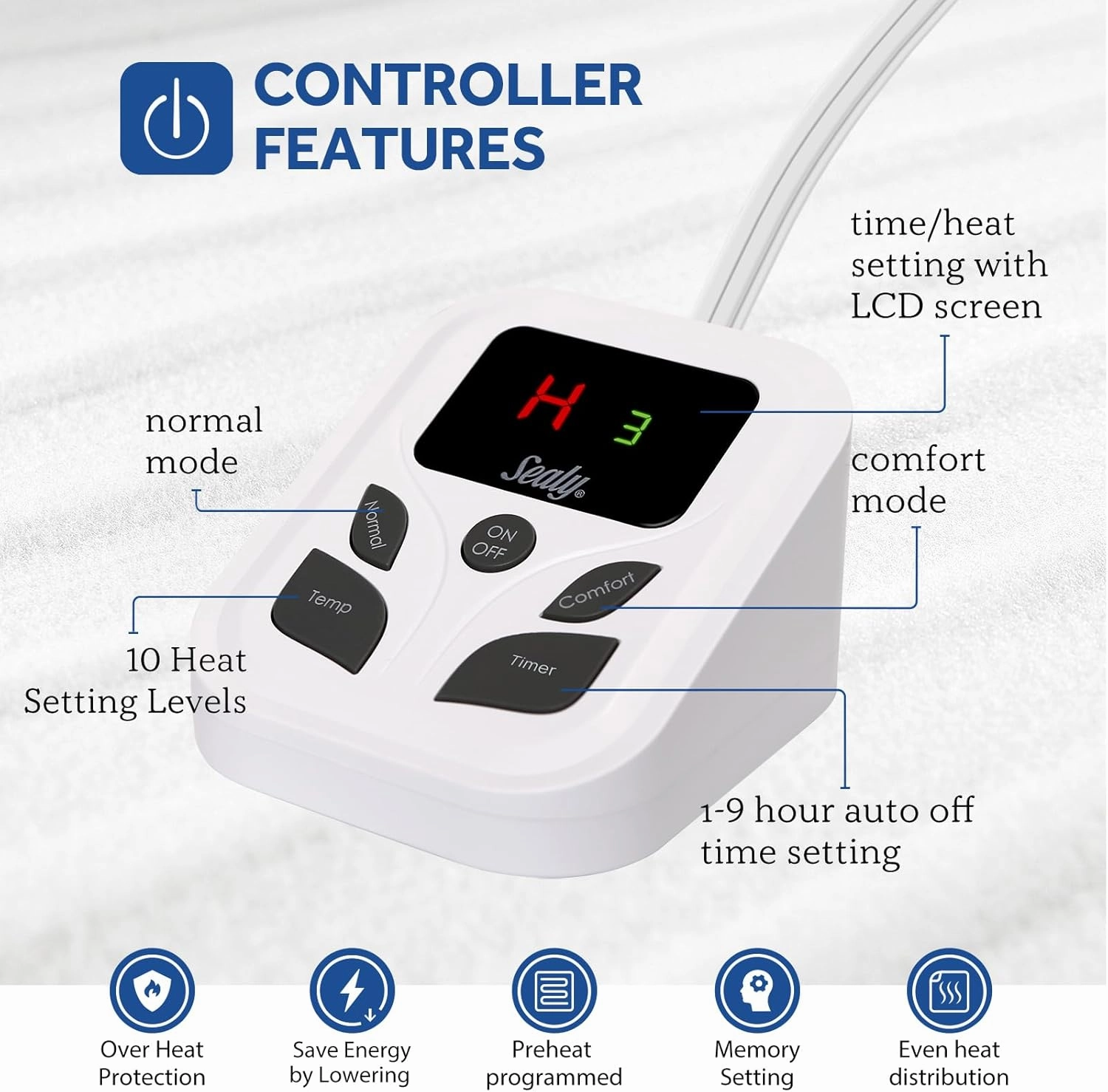Sealy Heated Mattress Pad Twin Size with 10 Heated Settings | Electric Mattress Pad Bed Warmer 39"x75" | Auto Shut Off 1-9 Hours| Fit Up to 15 Inch Deep Pocket | Machine Washable