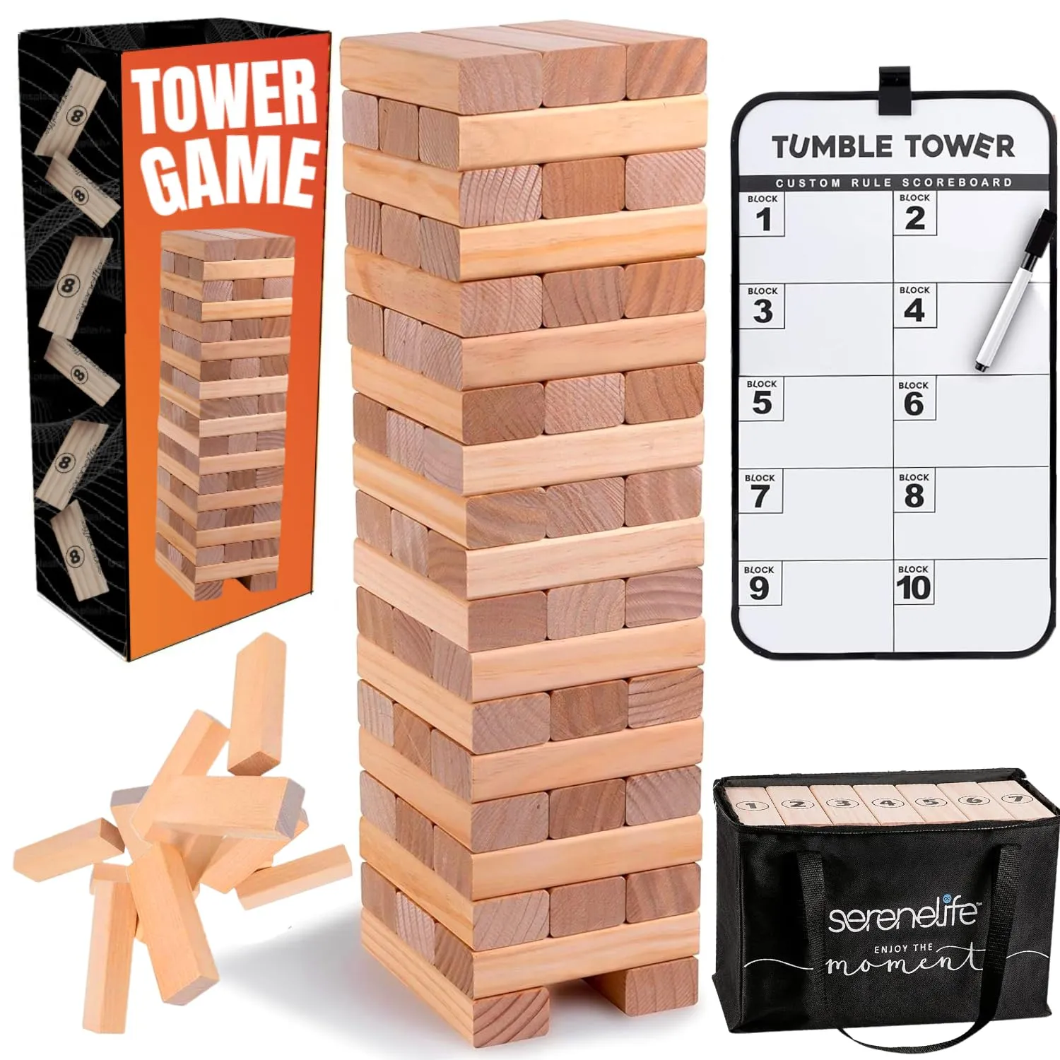 SereneLife 56 PCS Giant Tumble Tower for Indoor and Outdoor Games - Non-Toxic Stackable Timber Blocks Set Fit to Kids and Adults - Zippered Carrying Bag, Book Scoreboard and Offers Hours of Enjoyment