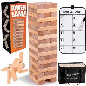 SereneLife 56 PCS Giant Tumble Tower for Indoor and Outdoor Games - Non-Toxic Stackable Timber Blocks Set Fit to Kids and Adults - Zippered Carrying Bag, Book Scoreboard and Offers Hours of Enjoyment