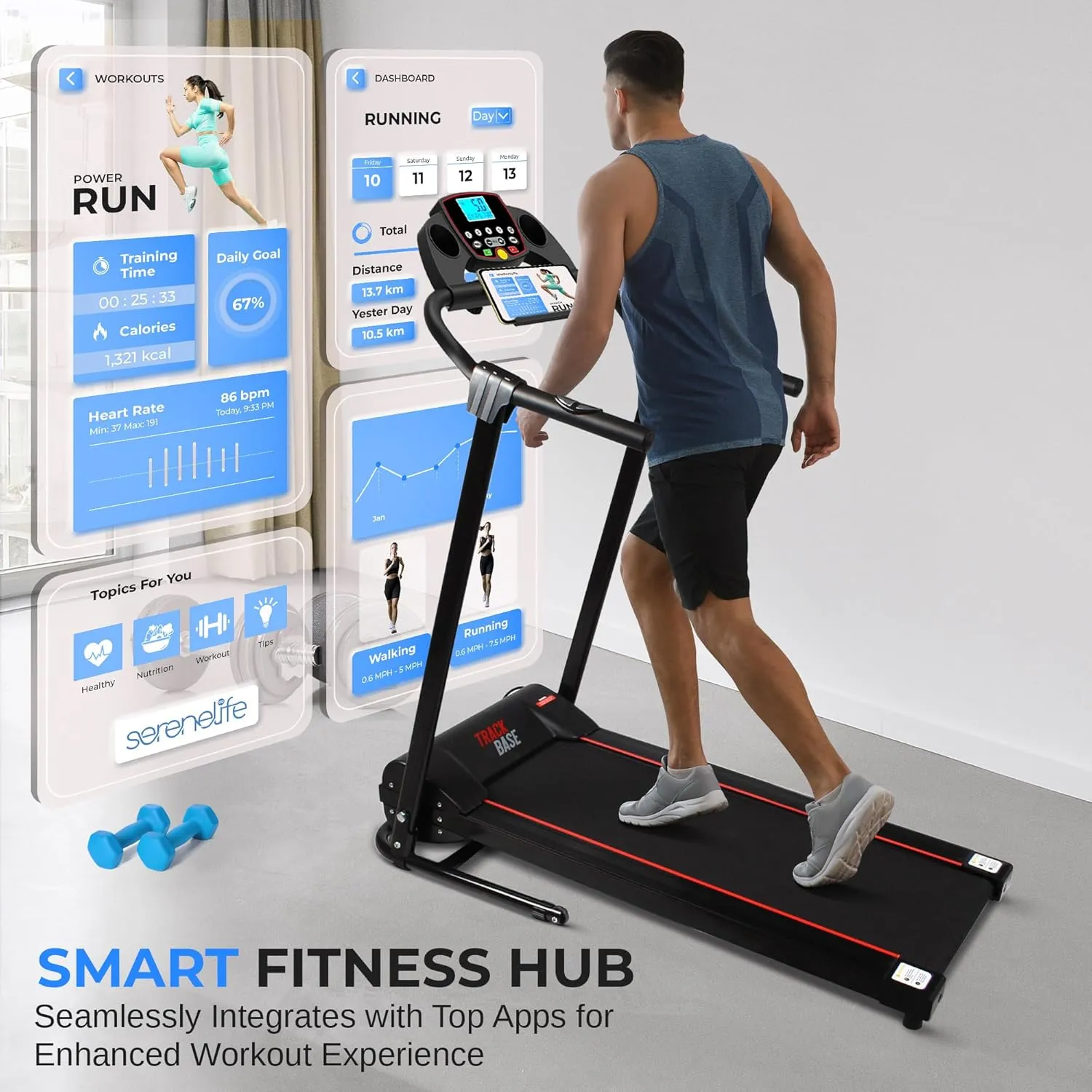 SereneLife Electric Folding Treadmill Exercise Machine - Smart Compact Digital Fitness Treadmill Workout Trainer w/Bluetooth App Sync, Manual Incline Adjustment, for Walking, Running, Gym