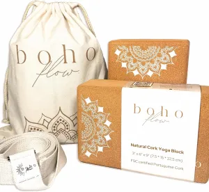 Set of 2 Cork Yoga Blocks with Strap | Eco-Friendly Yoga Accessories | 9” x 6” x 3” FSC-Certified Portuguese Cork Yoga Blocks 2 Pack | High Denisty Yoga Blocks Non-Slip & Durable | Home Yoga Equipment