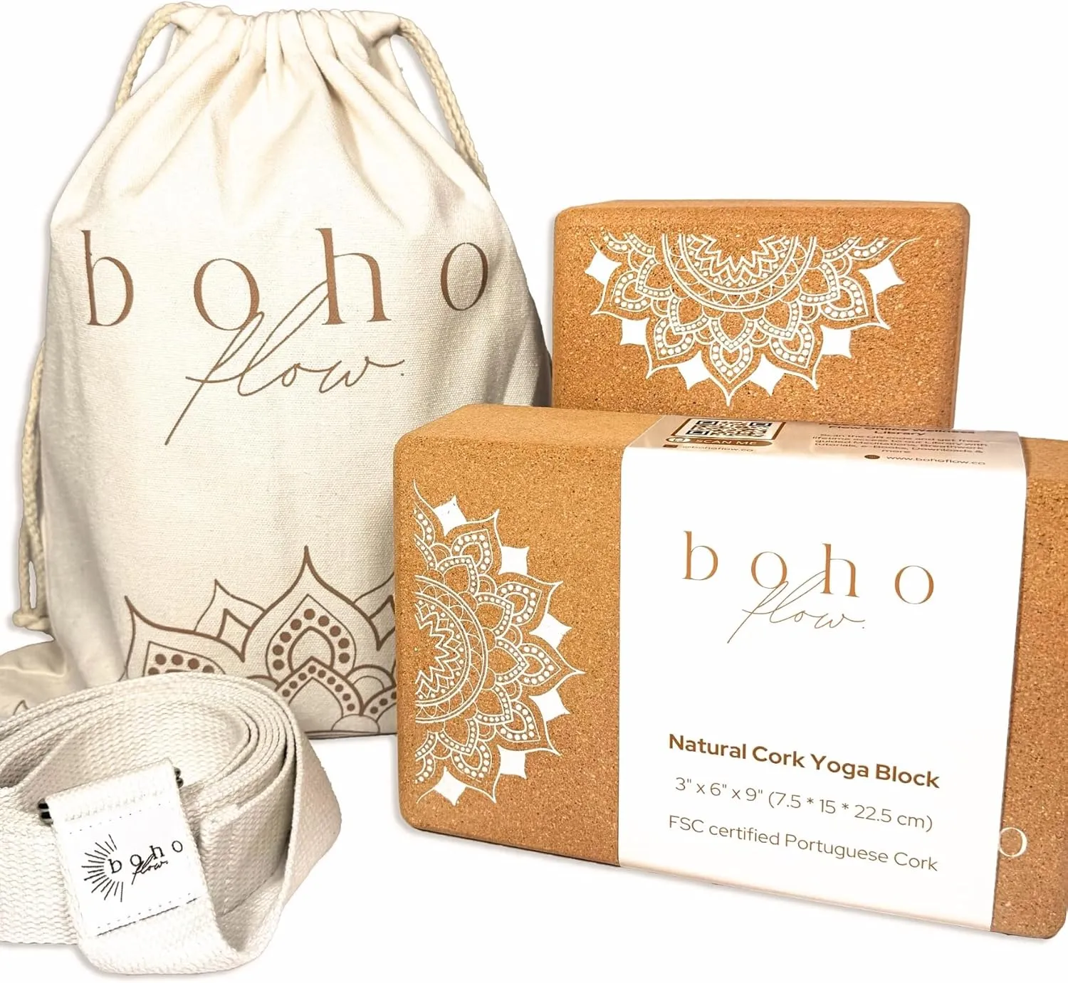 Set of 2 Cork Yoga Blocks with Strap | Eco-Friendly Yoga Accessories | 9” x 6” x 3” FSC-Certified Portuguese Cork Yoga Blocks 2 Pack | High Denisty Yoga Blocks Non-Slip & Durable | Home Yoga Equipment