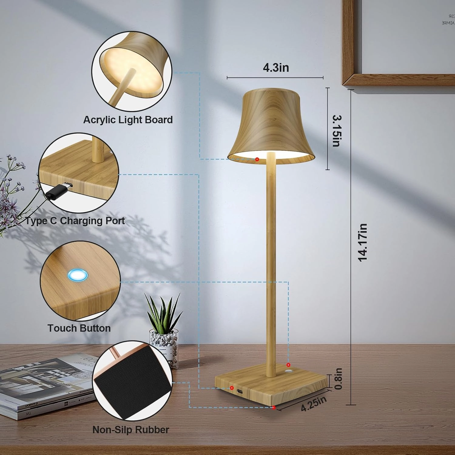 Set of 2 LED Cordless Table Light, Rechargeable Battery Powered 3 Levels Brightness Dimmable for Portable Outdoor Hotel Restaurant Dining Study Table Lamps Wood