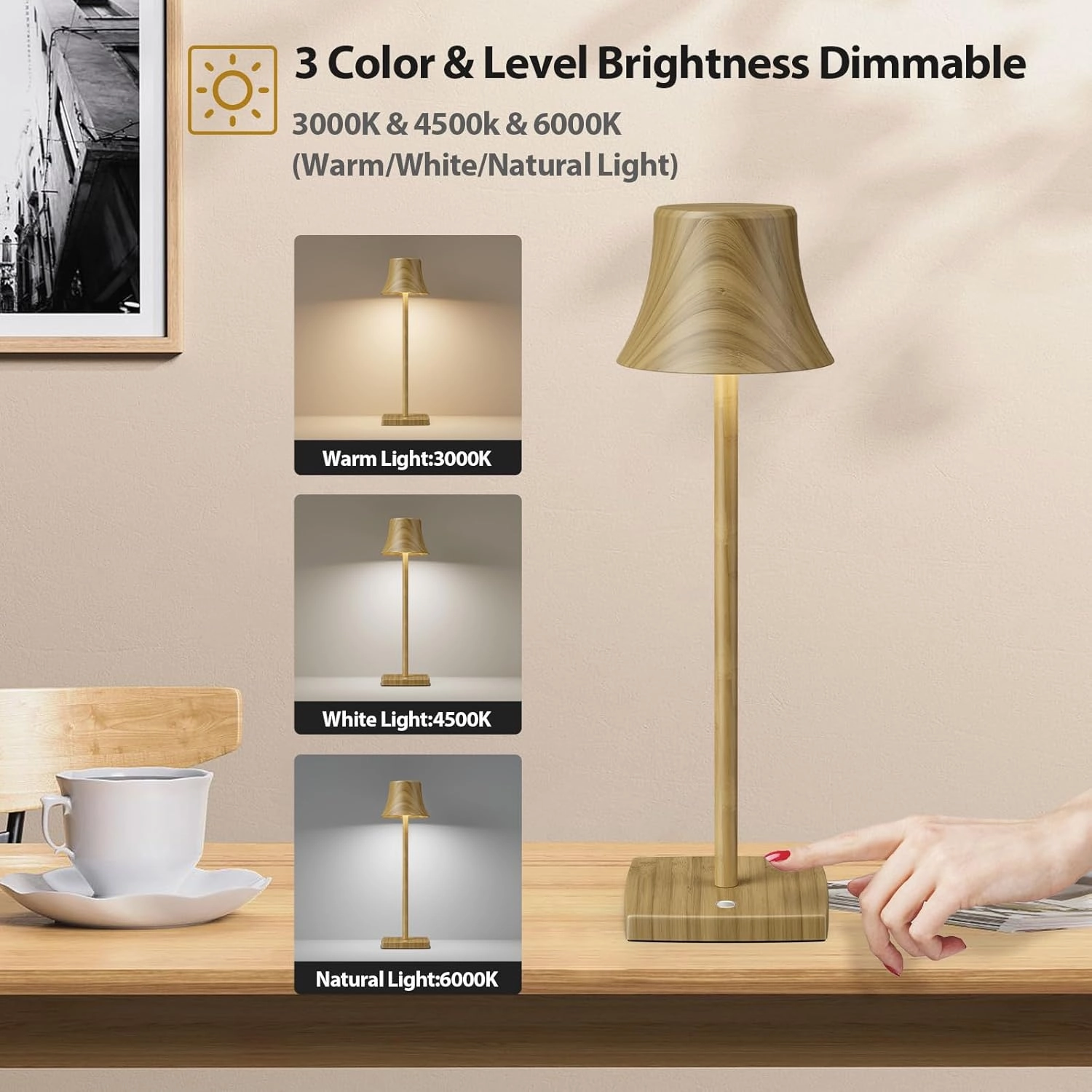 Set of 2 LED Cordless Table Light, Rechargeable Battery Powered 3 Levels Brightness Dimmable for Portable Outdoor Hotel Restaurant Dining Study Table Lamps Wood
