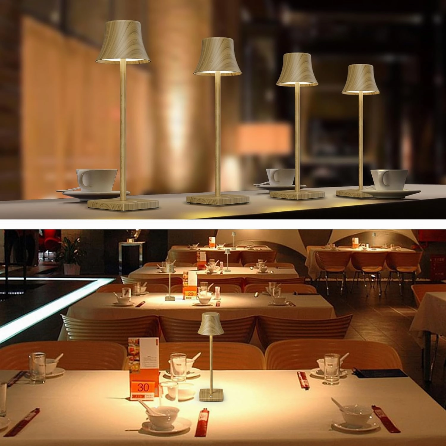 Set of 2 LED Cordless Table Light, Rechargeable Battery Powered 3 Levels Brightness Dimmable for Portable Outdoor Hotel Restaurant Dining Study Table Lamps Wood