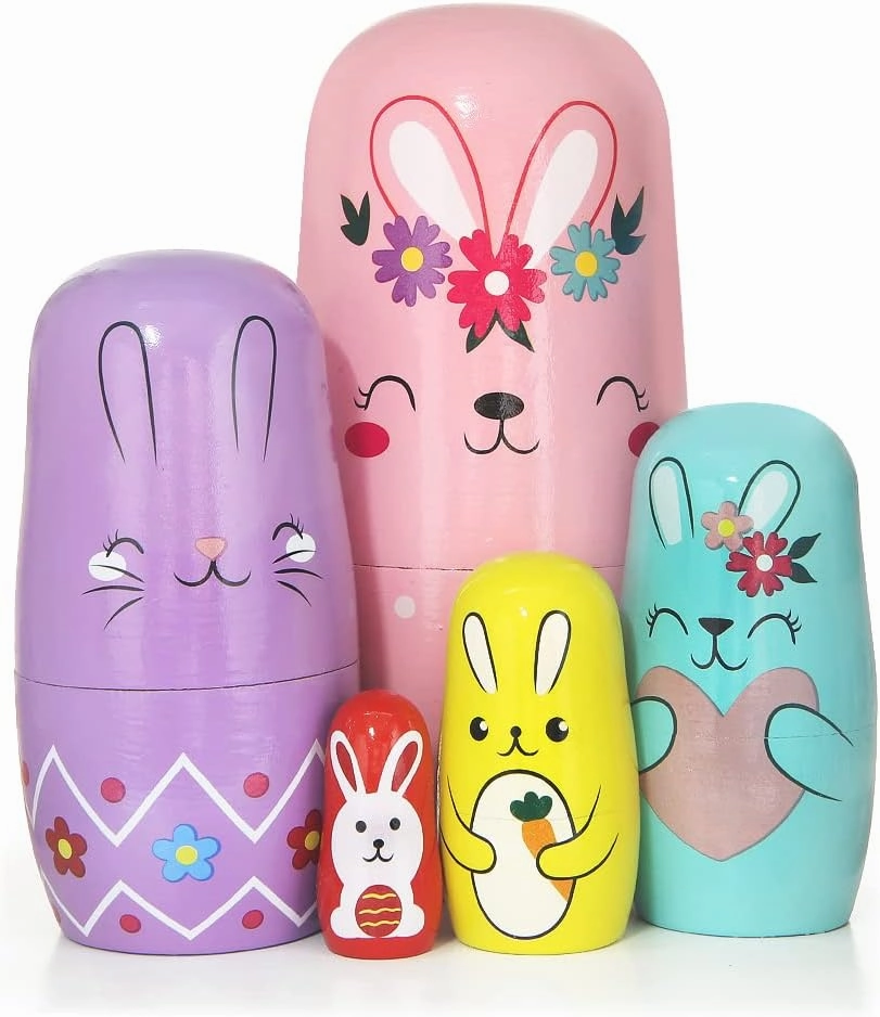 Set of 5 Bunny Russian Nesting Dolls,Easter Cute Rabbit Wooden Matryoshka Nesting Dolls with Garland Carrot Heart Pattern for Kids Stacking Christmas Birthday Easter Toy Gift Home Decoration