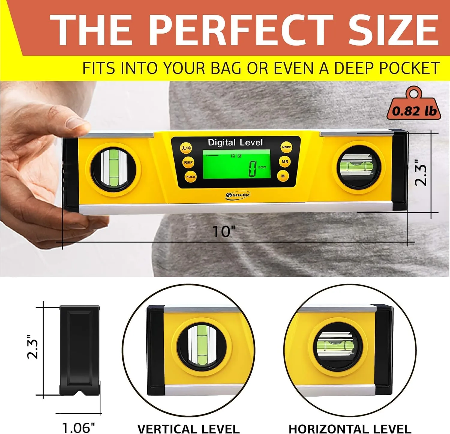 Shefio Digital Level - 10 Inch Torpedo Level And Protractor, Bright Lcd Display, Audio Indicator, Magnetic Base - Includes Batteries And Case