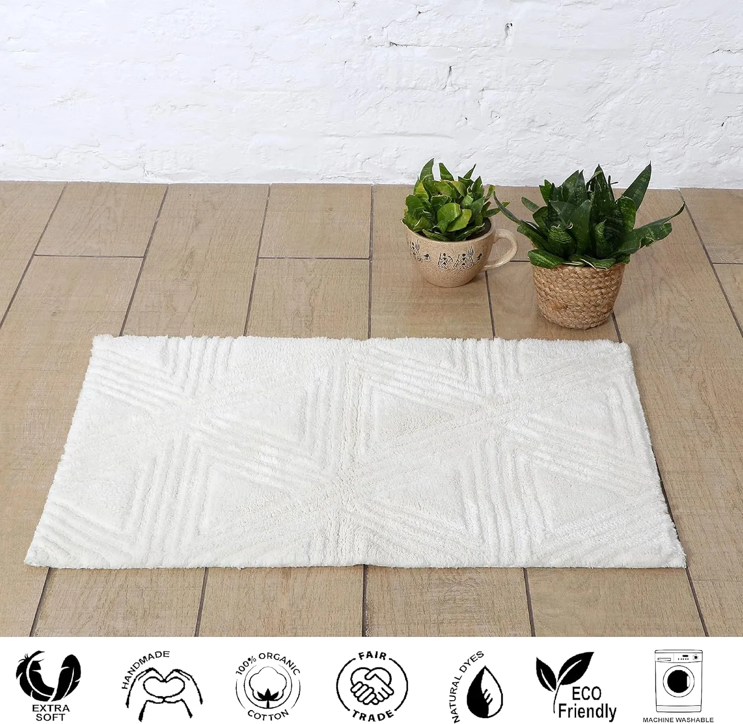 SHIKARA Soft Cotton Shower Mats for Bathroom - Durable Bath Rug with Anti-Skid Backing, Highly Absorbent - 32x20 Inches White Dove
