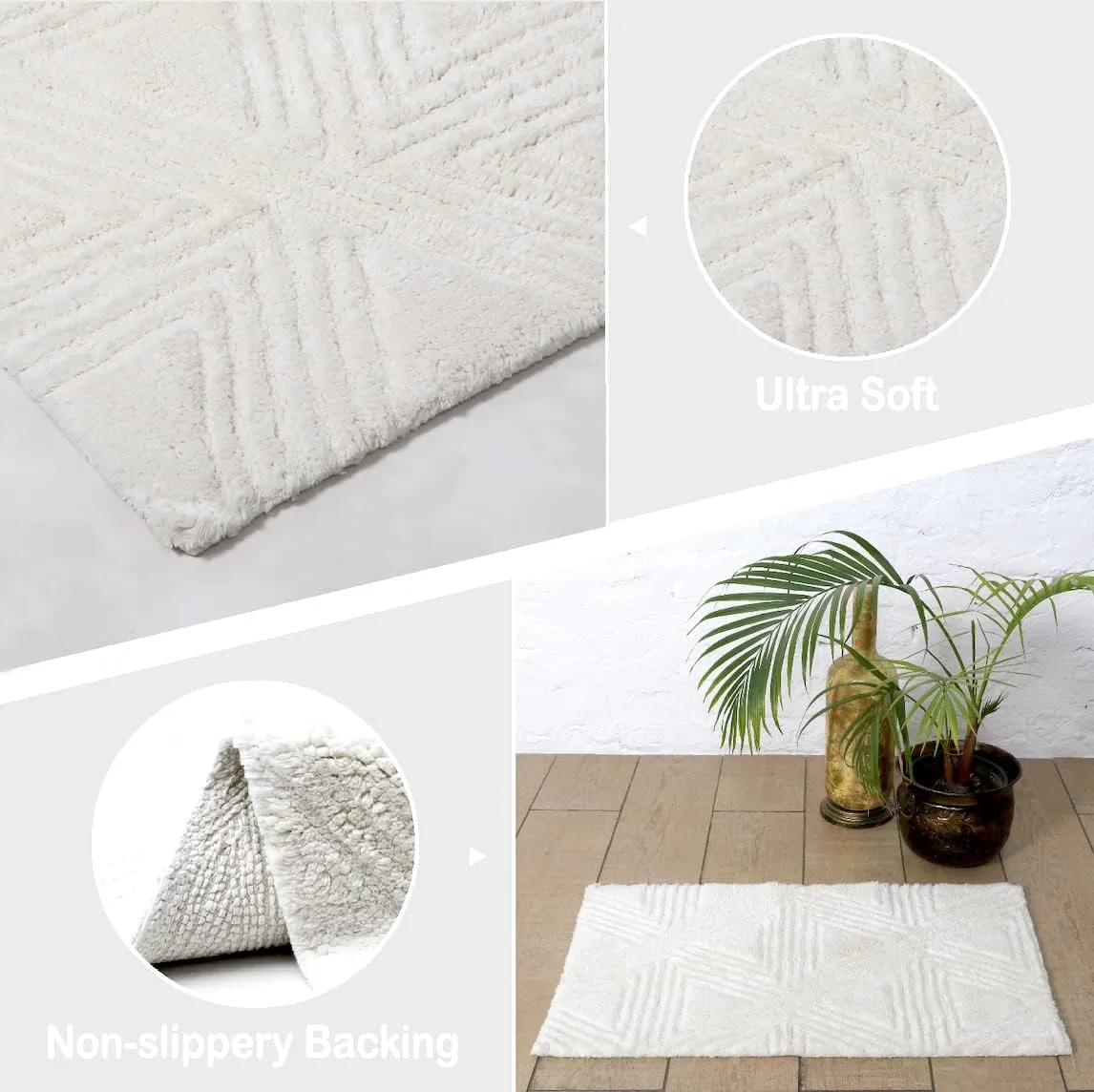 SHIKARA Soft Cotton Shower Mats for Bathroom - Durable Bath Rug with Anti-Skid Backing, Highly Absorbent - 32x20 Inches White Dove