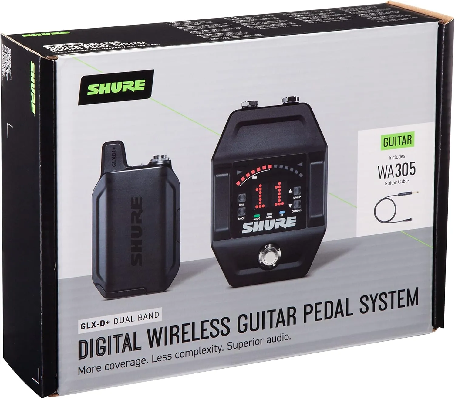 Shure GLXD16  Dual Band Pro Digital Wireless System with Pedal Receiver for Guitar & Bass - 12-Hour Battery Life, 100 ft Range | Includes WA305 Premium Cable with 1/4" Jack (GLXD16 -Z3)