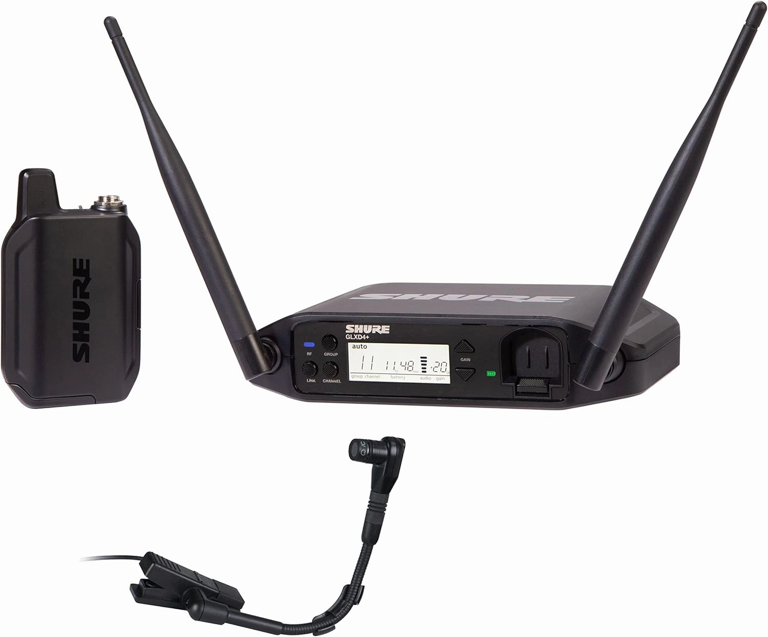 Shure GLXD14 /B98 Dual Band Digital Wireless Microphone System for Brass, Woodwinds, Percussion - 12-Hour Battery Life, 100 ft Range | Clip-on Instrument Mic, Single Channel Receiver (GLXD14 /B98-Z3)