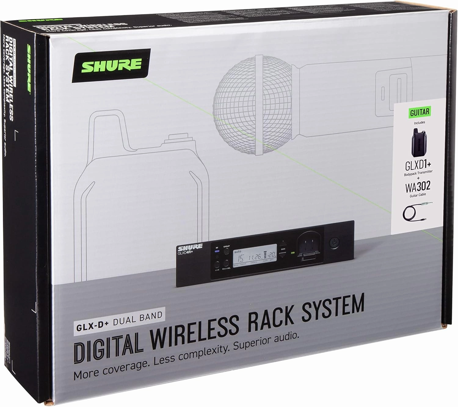 Shure GLXD14R  Dual Band Pro Digital Wireless System for Guitar and Bass - 12-Hour Battery Life, 100 ft Range | Includes 1/4" Jack Instrument Cable & Single Channel Rack Mount Receiver (GLXD14R -Z3)