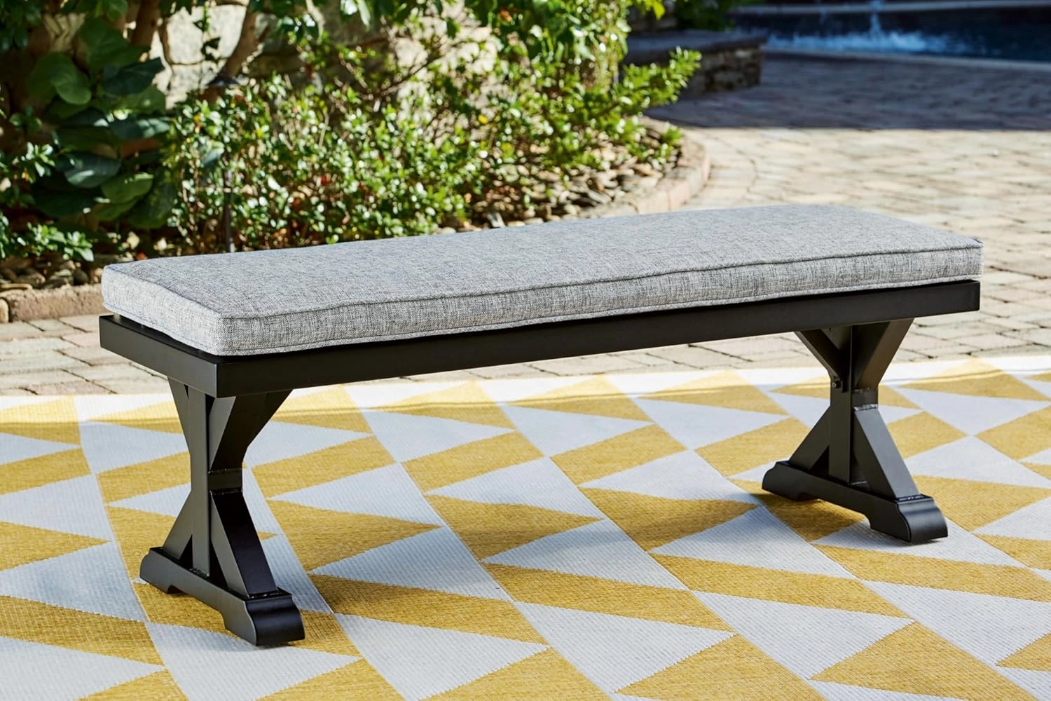 Signature Design by Ashley Beachcroft Casual Weather Resistant Outdoor Bench with Cushion, Light Gray & Black
