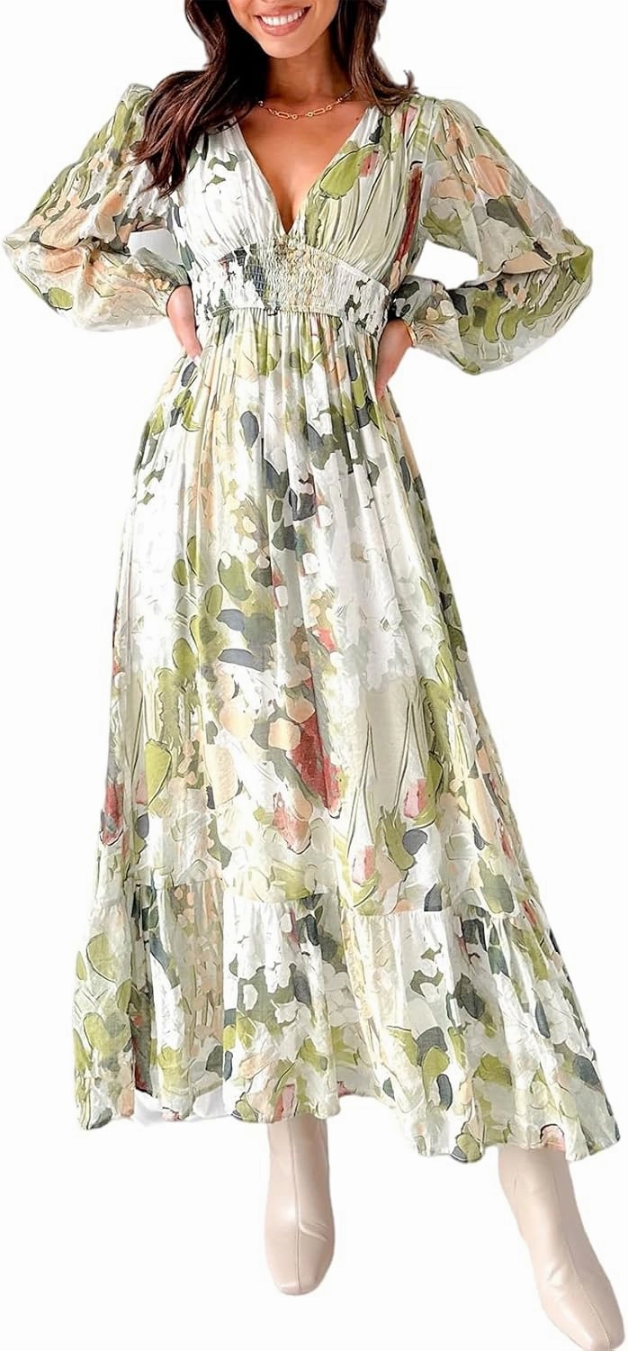 Sissyaki Women's Long Sleeve Boho Floral Maxi Dress Smocked Beach Flowy Dress