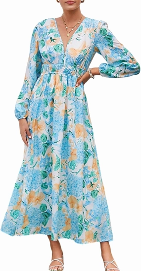 Sissyaki Women's Long Sleeve Boho Floral Maxi Dress Smocked Beach Flowy Dress