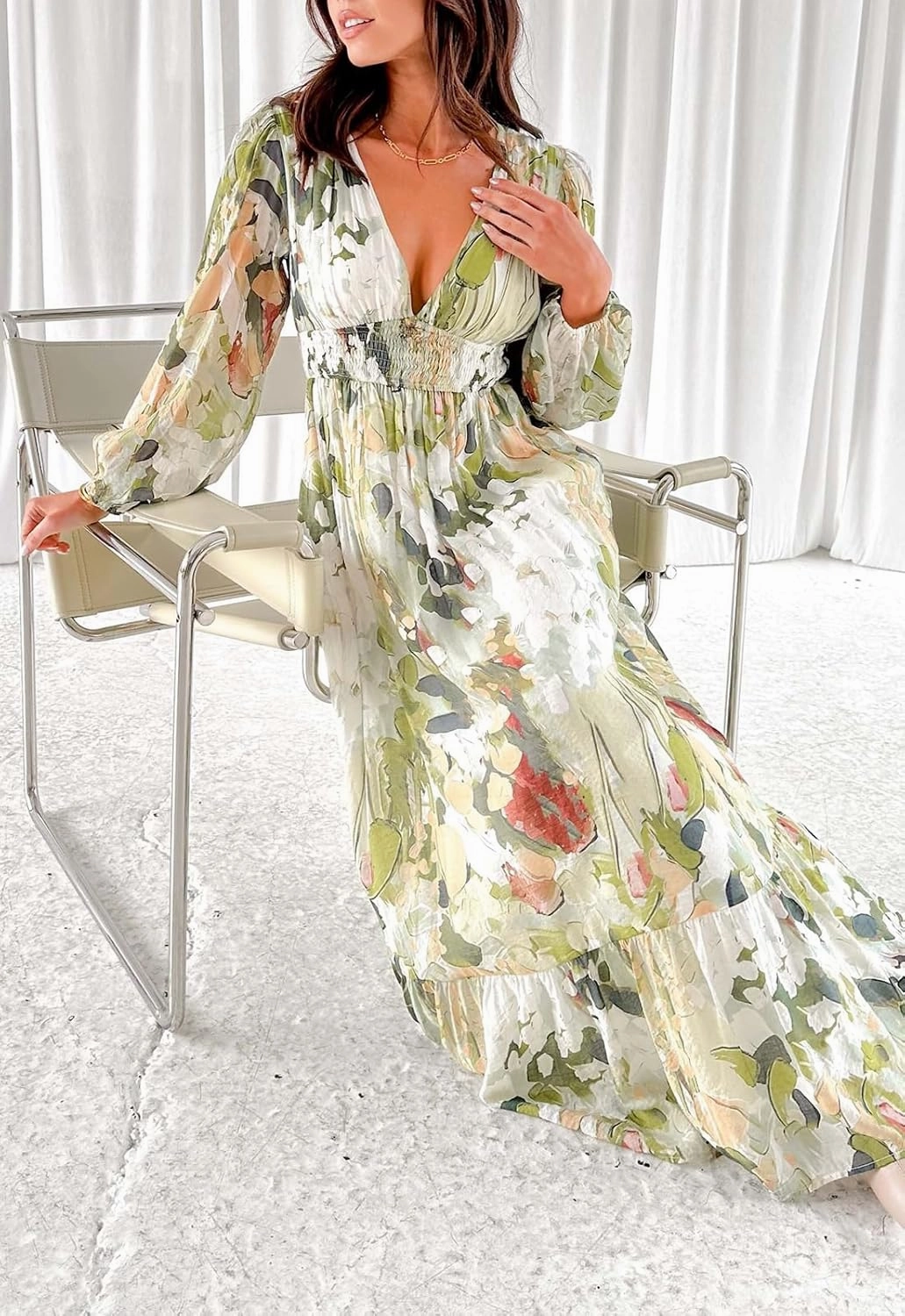 Sissyaki Women's Long Sleeve Boho Floral Maxi Dress Smocked Beach Flowy Dress