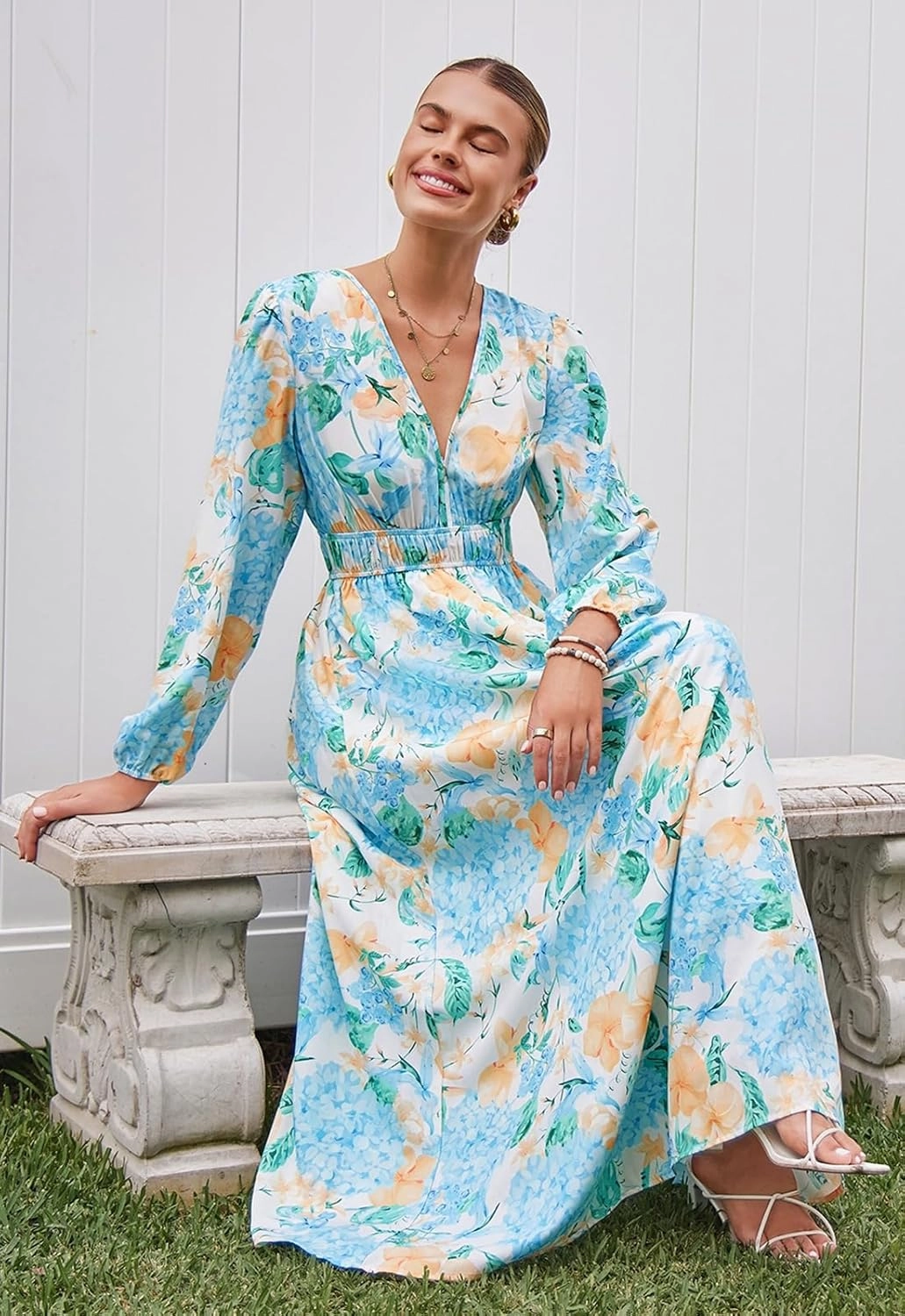 Sissyaki Women's Long Sleeve Boho Floral Maxi Dress Smocked Beach Flowy Dress