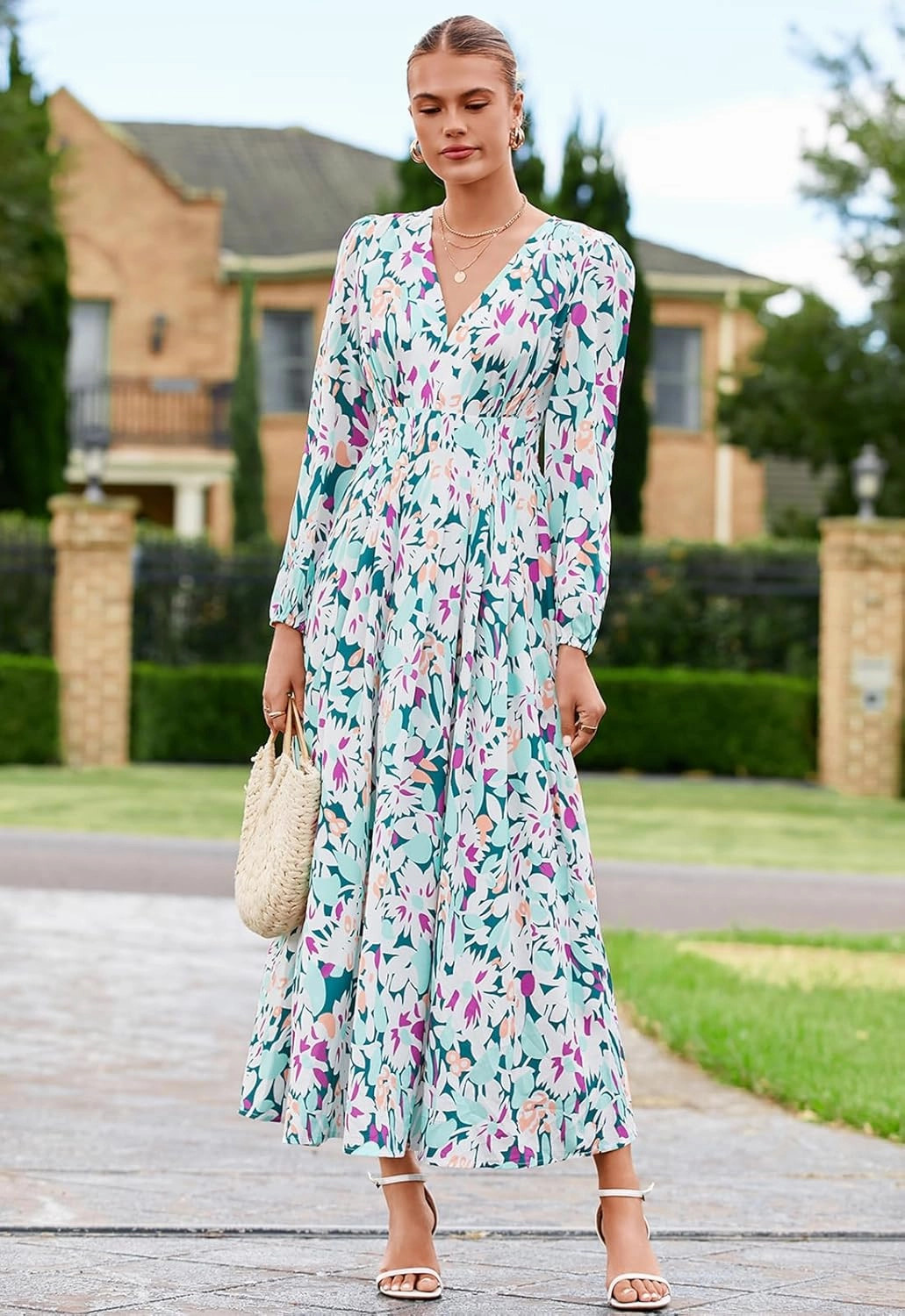 Sissyaki Women's Long Sleeve Boho Floral Maxi Dress Smocked Beach Flowy Dress