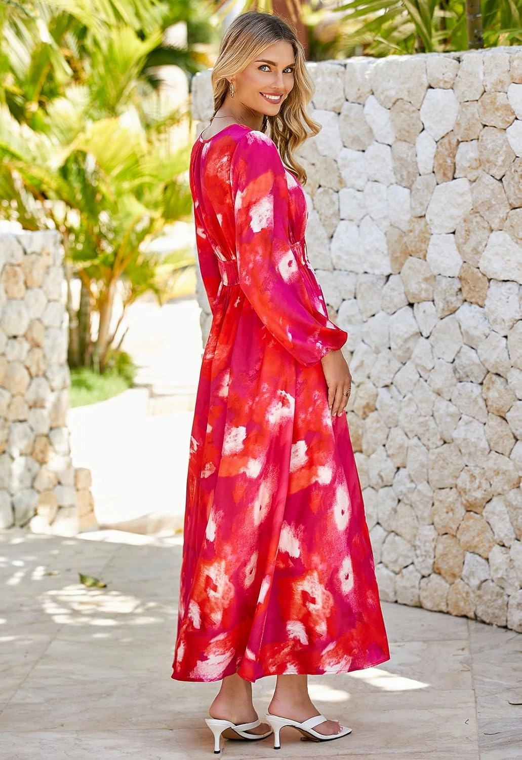 Sissyaki Women's Long Sleeve Boho Floral Maxi Dress Smocked Beach Flowy Dress