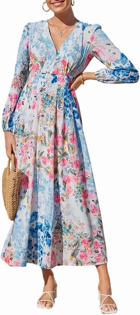 Sissyaki Women's Long Sleeve Boho Floral Maxi Dress Smocked Beach Flowy Dress