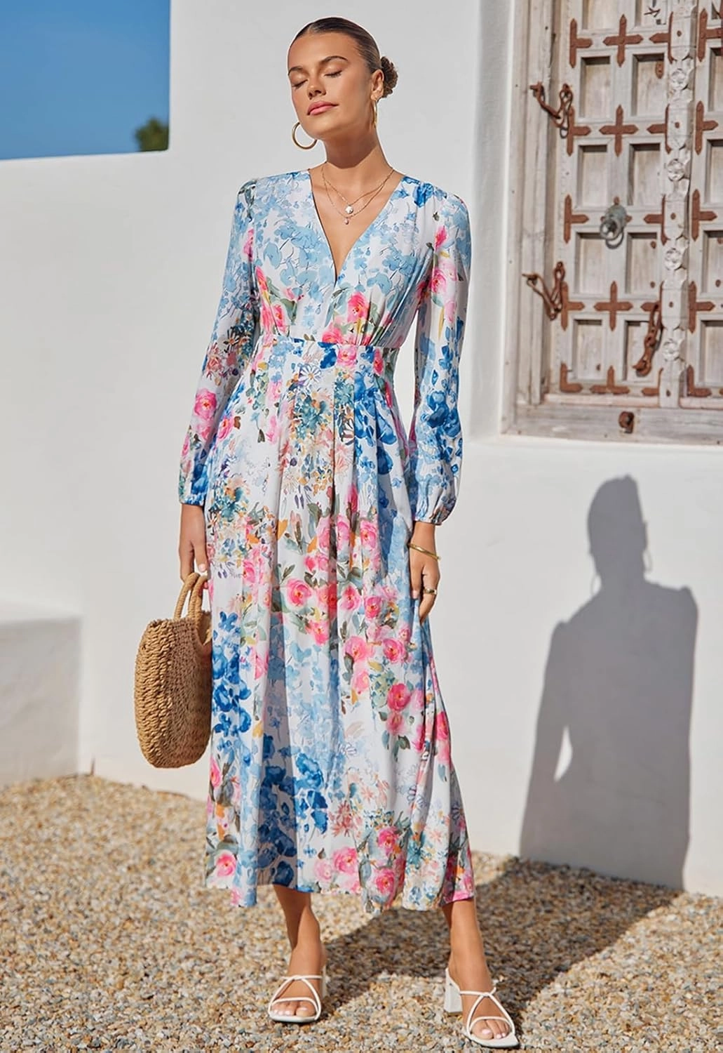 Sissyaki Women's Long Sleeve Boho Floral Maxi Dress Smocked Beach Flowy Dress