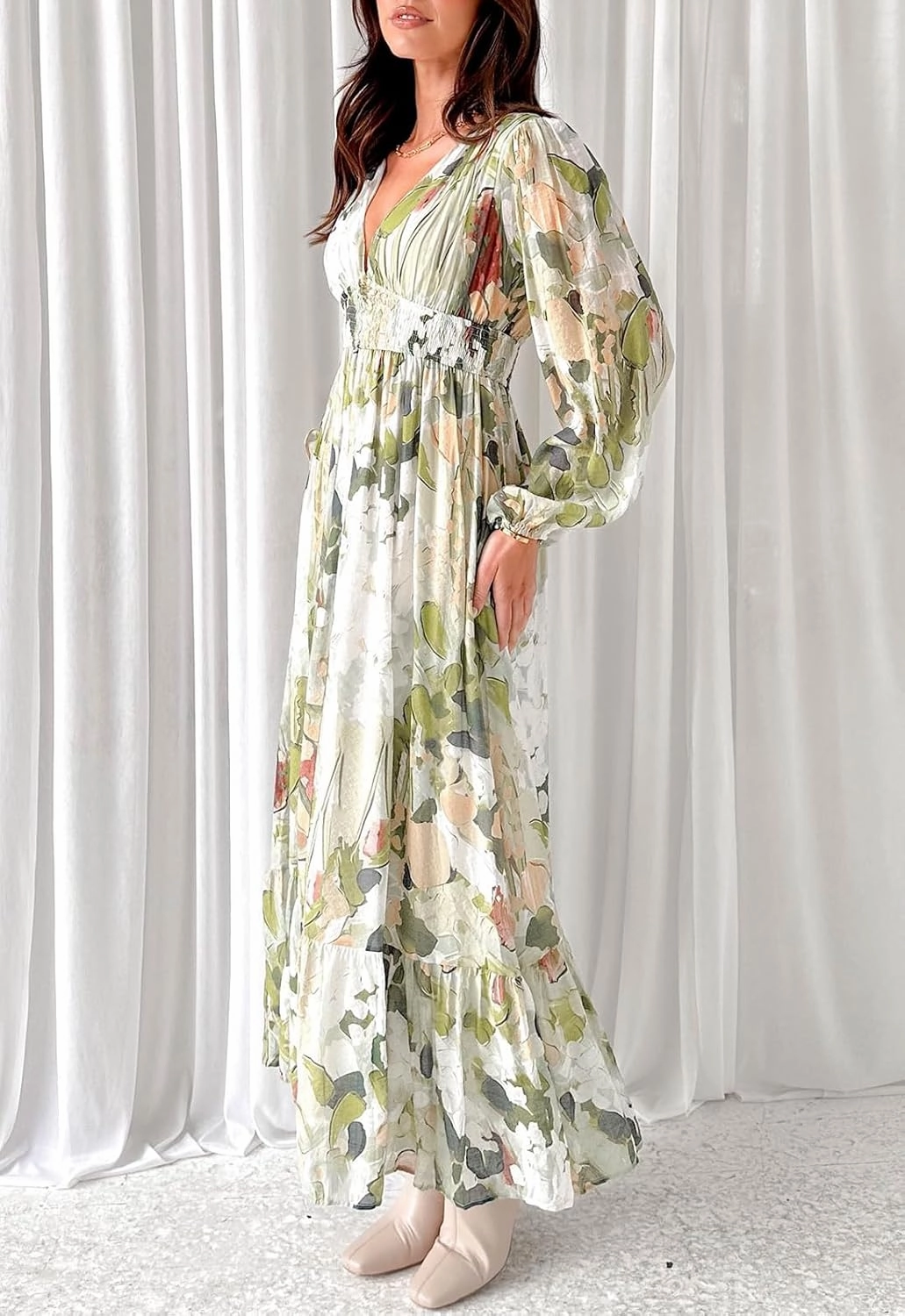 Sissyaki Women's Long Sleeve Boho Floral Maxi Dress Smocked Beach Flowy Dress