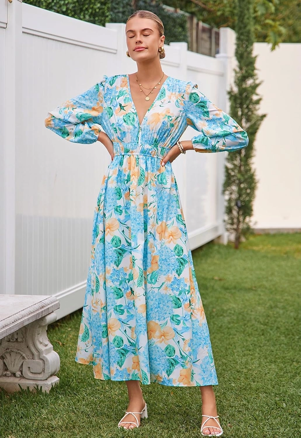 Sissyaki Women's Long Sleeve Boho Floral Maxi Dress Smocked Beach Flowy Dress