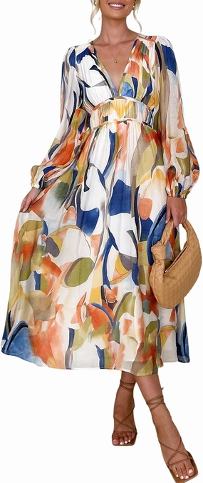 Sissyaki Women's Long Sleeve Boho Floral Maxi Dress Smocked Beach Flowy Dress