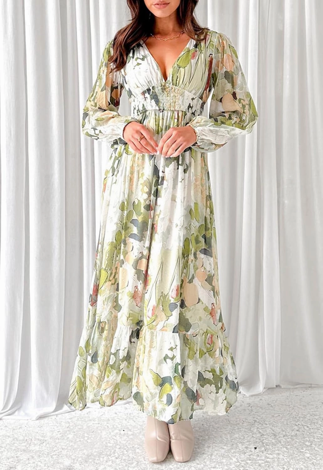 Sissyaki Women's Long Sleeve Boho Floral Maxi Dress Smocked Beach Flowy Dress