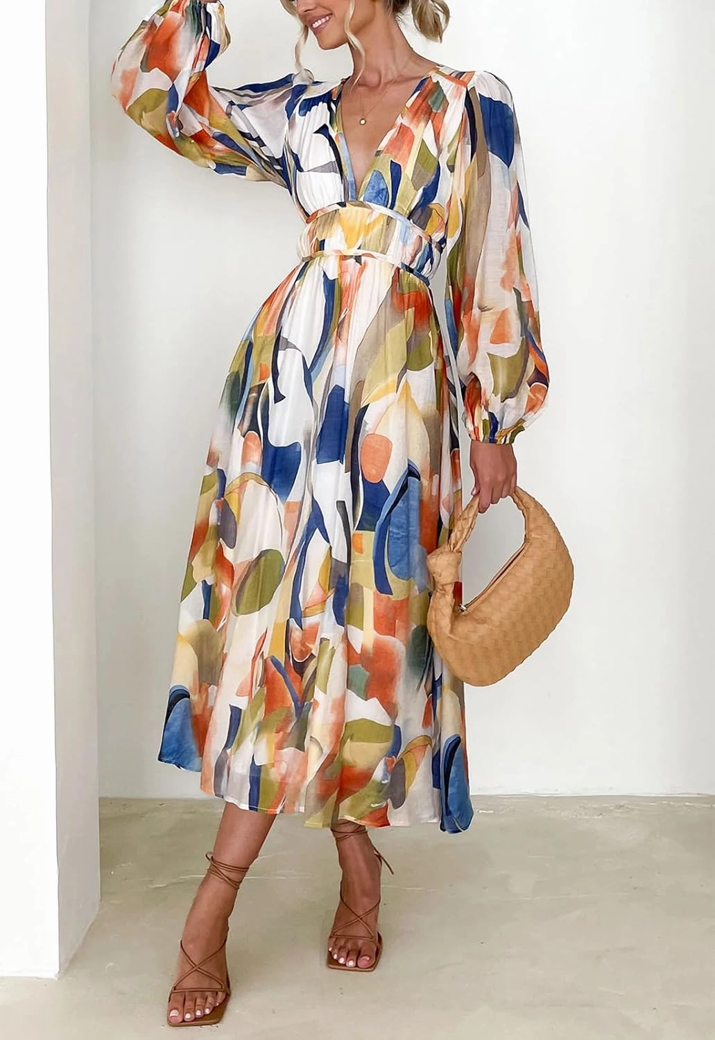 Sissyaki Women's Long Sleeve Boho Floral Maxi Dress Smocked Beach Flowy Dress