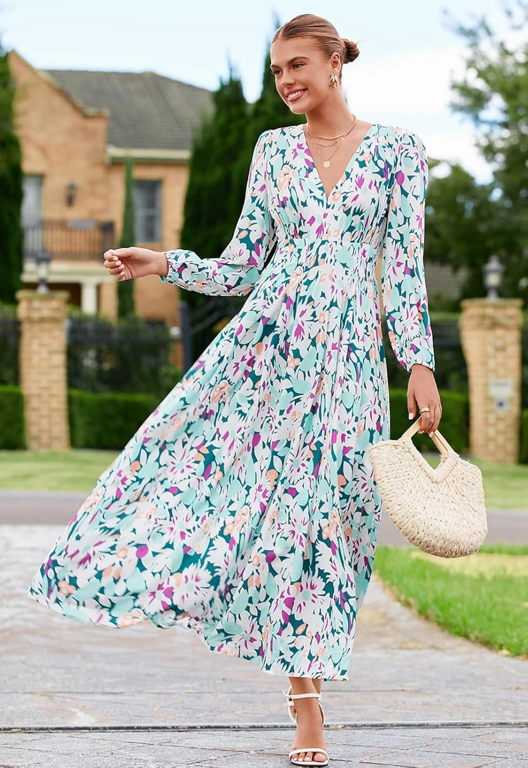 Sissyaki Women's Long Sleeve Boho Floral Maxi Dress Smocked Beach Flowy Dress