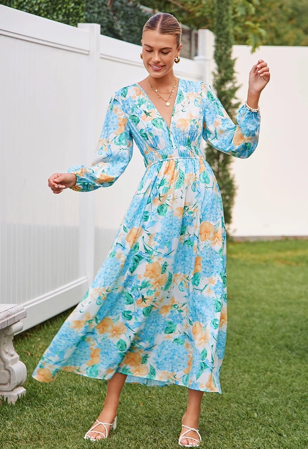 Sissyaki Women's Long Sleeve Boho Floral Maxi Dress Smocked Beach Flowy Dress