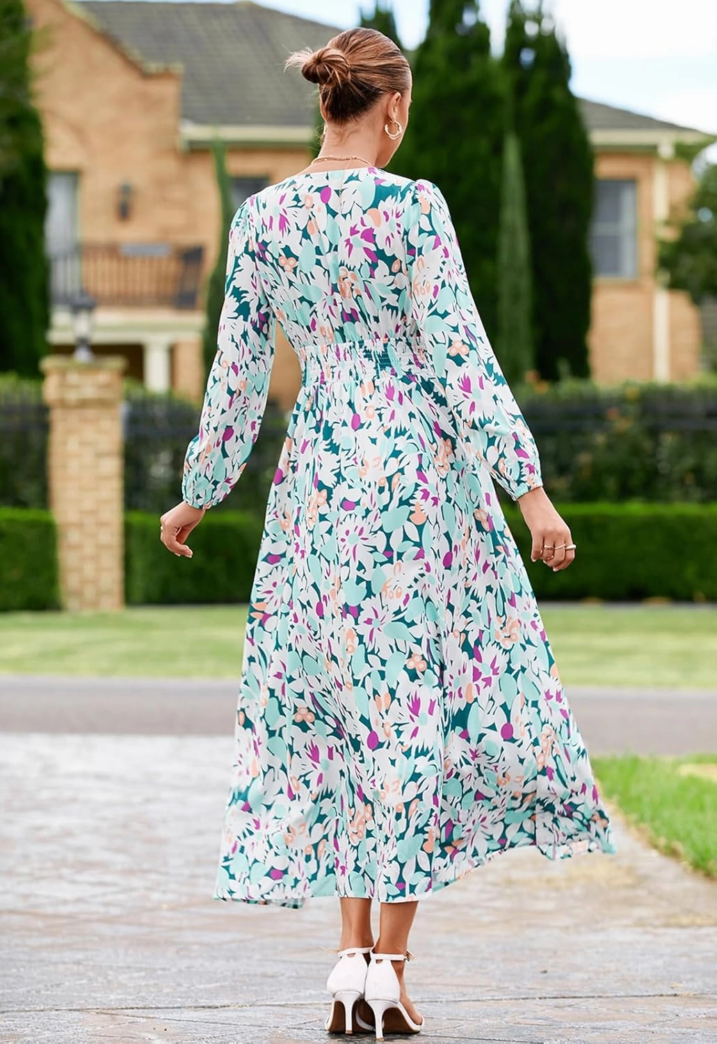 Sissyaki Women's Long Sleeve Boho Floral Maxi Dress Smocked Beach Flowy Dress