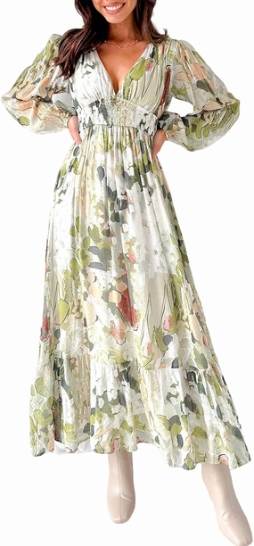Sissyaki Women's Long Sleeve Boho Floral Maxi Dress Smocked Beach Flowy Dress