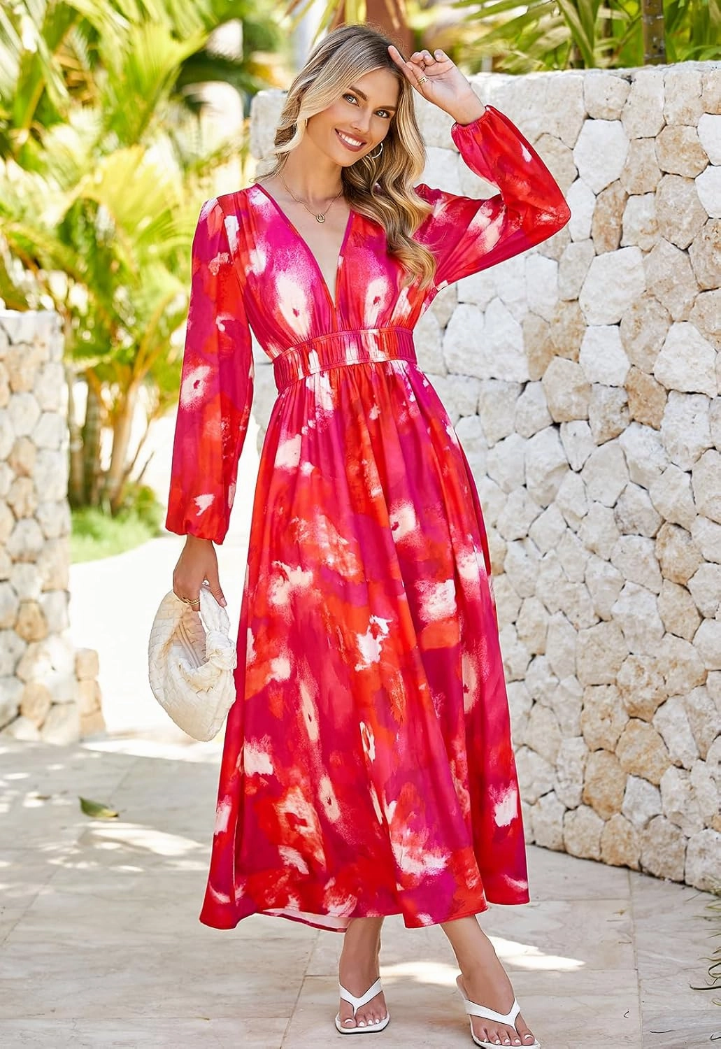 Sissyaki Women's Long Sleeve Boho Floral Maxi Dress Smocked Beach Flowy Dress