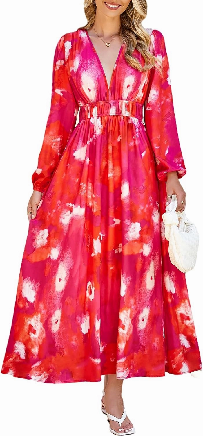 Sissyaki Women's Long Sleeve Boho Floral Maxi Dress Smocked Beach Flowy Dress