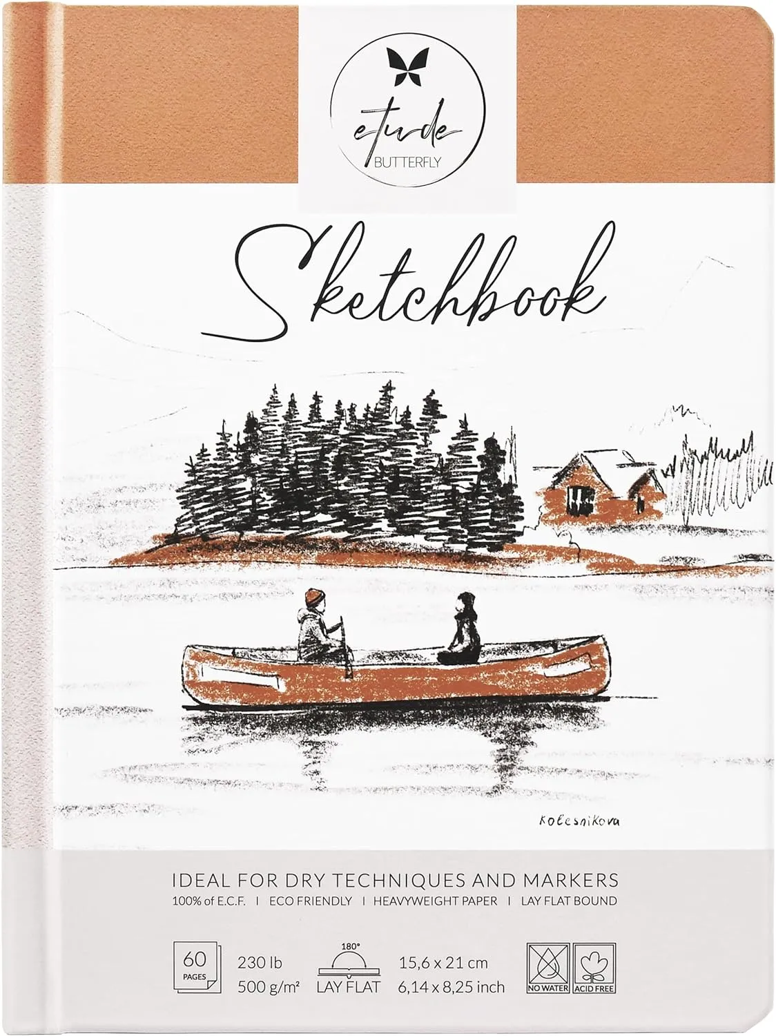 Sketch Book Hardcover 60 Pages Thick 500 GSM / 230 lb Acid Free Paper Lay Flat Bound for Drawing and Sketching 6,14” x 8,25” for Kids and Adults Beginners and Professionals Eco Friendly