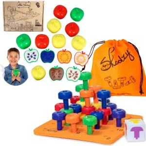Skoolzy Pegs & Apples - 34 Piece Color Sorting Toy and 12 Piece Matching Number Counting Toy Montessori Sensory Bundle to Teach Math and Shapes for Toddlers 3  Years Tactile Occupational Therapy Games