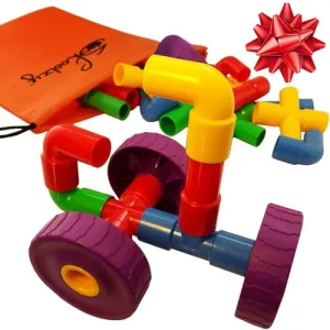 Skoolzy STEM Learning Pipe Tube 29 Piece ToysandGames Set, Educational Construction Building Blocks for ADHD Autism for Baby, Kid Includes Wheels Pipes Joints and eBook