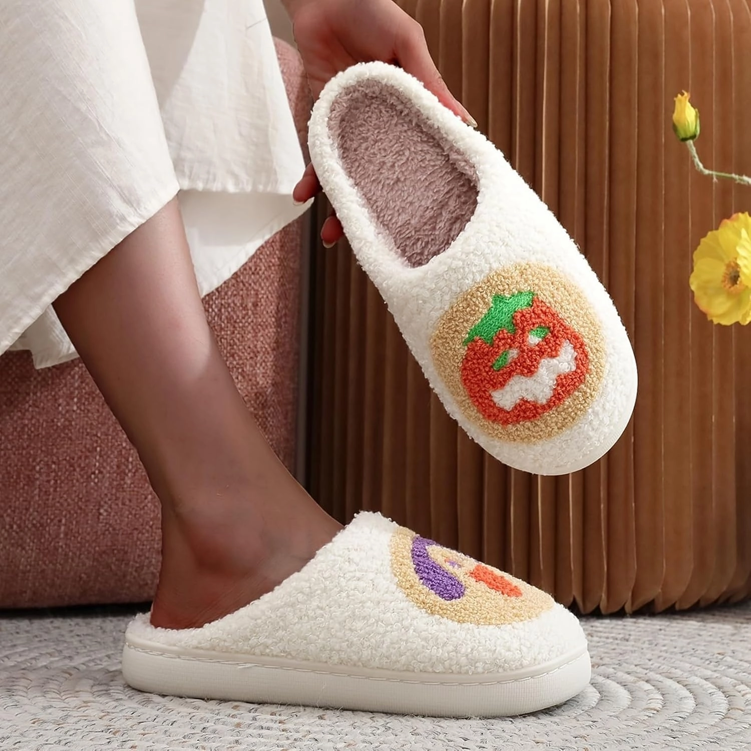 Slippers for Womens Mens Cut Retro Plush Soft Memory Foam House Shoes
