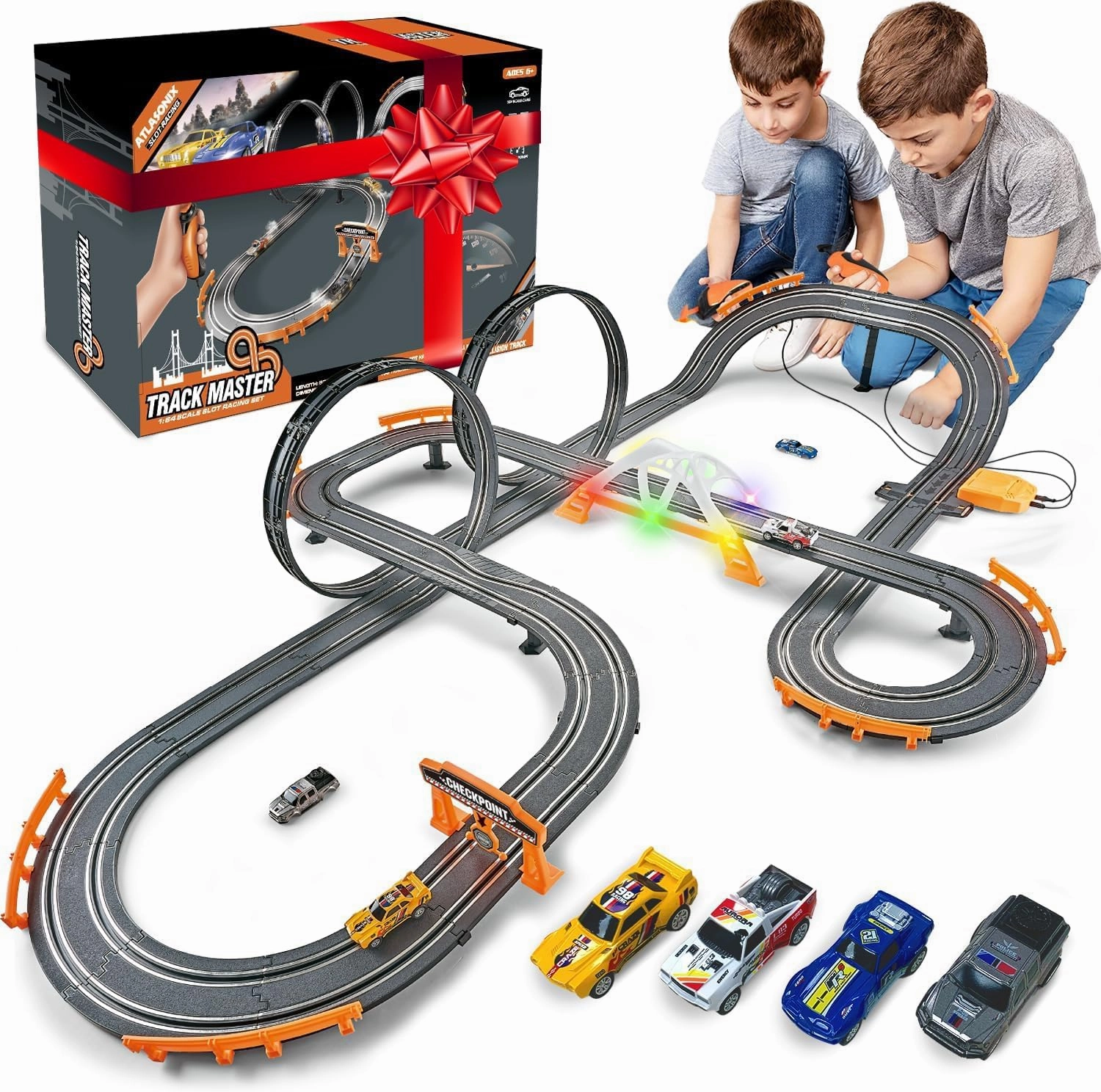 Slot Car Race Track Sets, Race Tracks for Kids Ages 4-8, Remote Control Car for Toddlers 1-3, Toy Car Racetrack for Boys & Girls, 4 Race Cars and 2 Durable Controllers, Professional Set