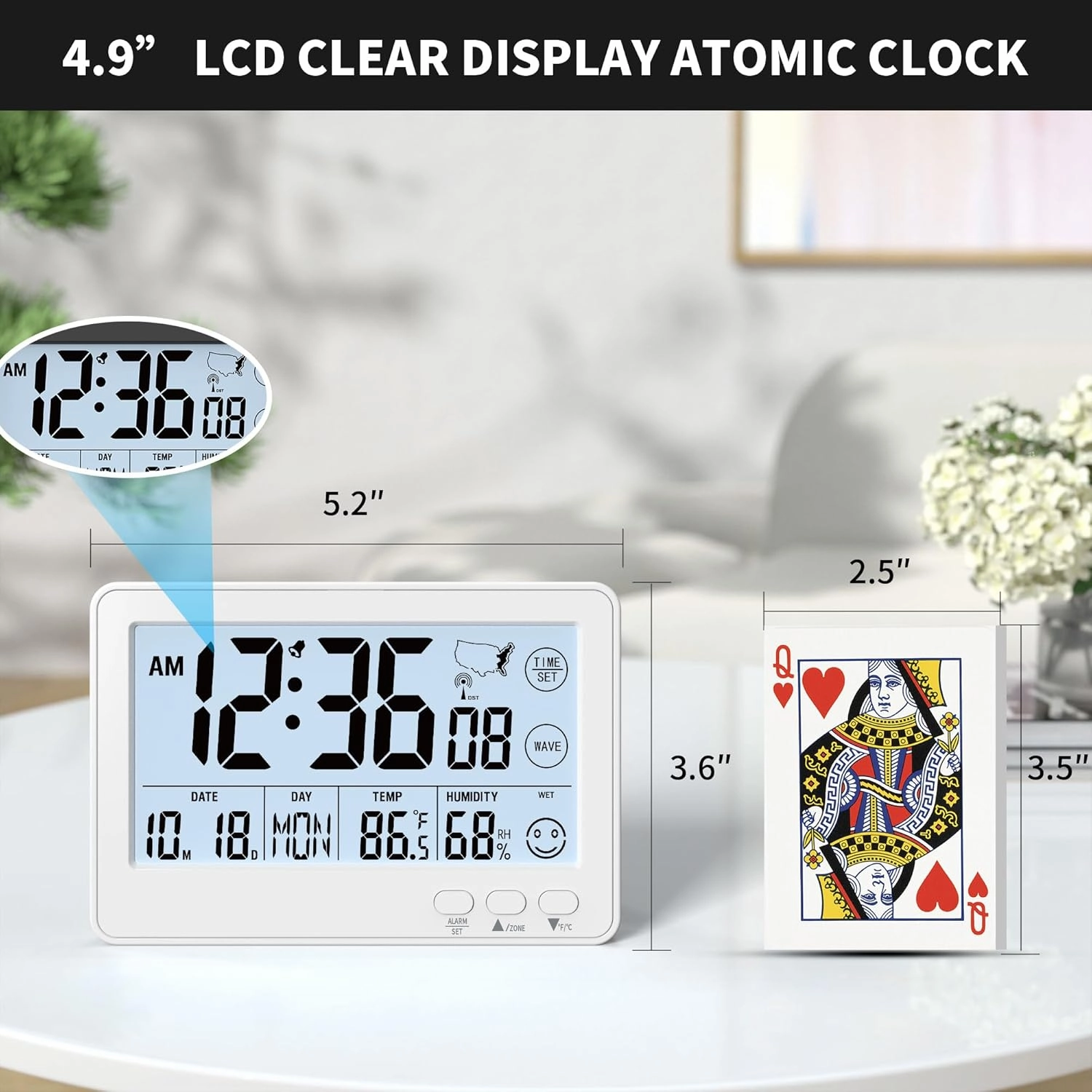 Small Desk Atomic Clock, Auto Set Digital Desk Clocks with Temperature, Humidity and Date, Alarm Clock for Bedroom, Office, 4 Time Zone, (White)