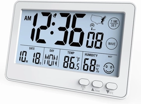 Small Desk Atomic Clock, Auto Set Digital Desk Clocks with Temperature, Humidity and Date, Alarm Clock for Bedroom, Office, 4 Time Zone, (White)